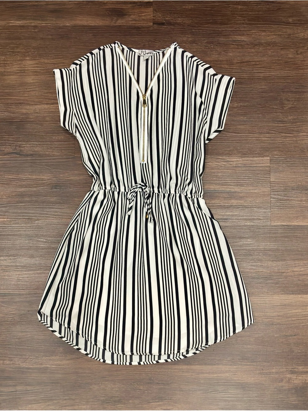 J for Justify Chic Monochrome Black & White Striped Drawstring Mini Dress Sz S
